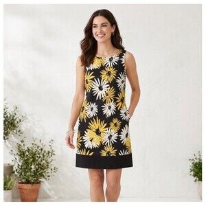 Kim Rogers Sun-Drenched Floral Shift Dress Black Yellow White Size 16 Sleeveless